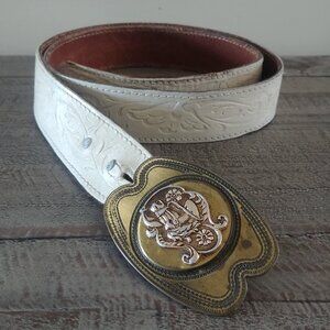 Vintage wide white leather belt XL with heavy buckle